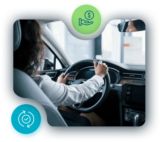Woman driving a car with finance and process icons, highlighting Odessa's auto finance software platform.