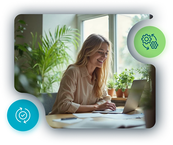 Woman smiling while working on a laptop on lease and loan remarketing with Odessa, with icons for process and efficiency.