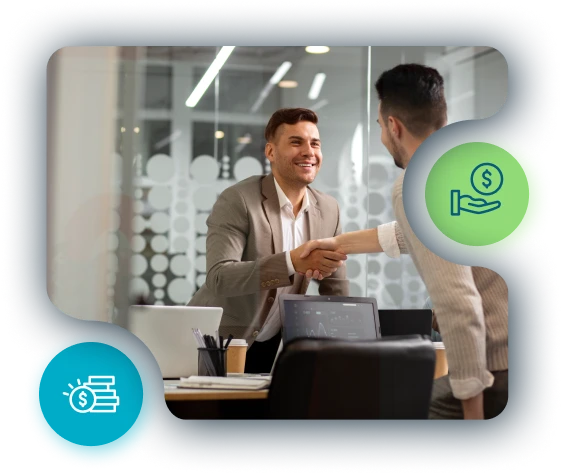 hero-odessa-bank-asset-finance- Professionals shaking hands over a laptop filled with data, illustrating Odessa’s leading role in bank asset finance.