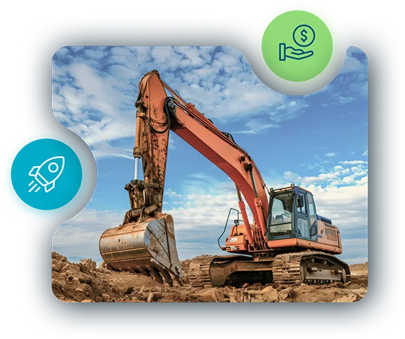 hero-odessa-equipment-leasing-software Excavator on a construction site, with finance and growth icons, highlighting Odessa's equipment leasing and lending software.