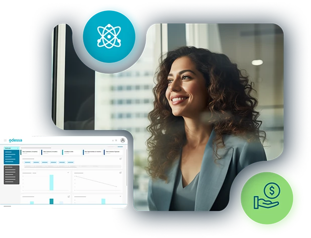 hero-odessa-loan-and-lease-management-software Woman smiling with Odessa loan and lease management software dashboard.
