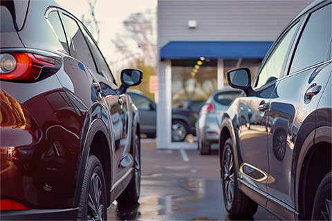Two cars parked, representing the link between consumers, dealers and auto finance